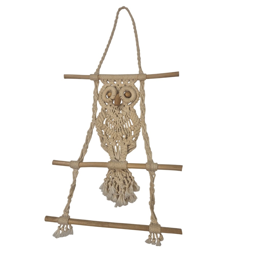Boho Macrame Owl Wall‎ Hanging Woven Wood Dowels Tassels Rustic Decor